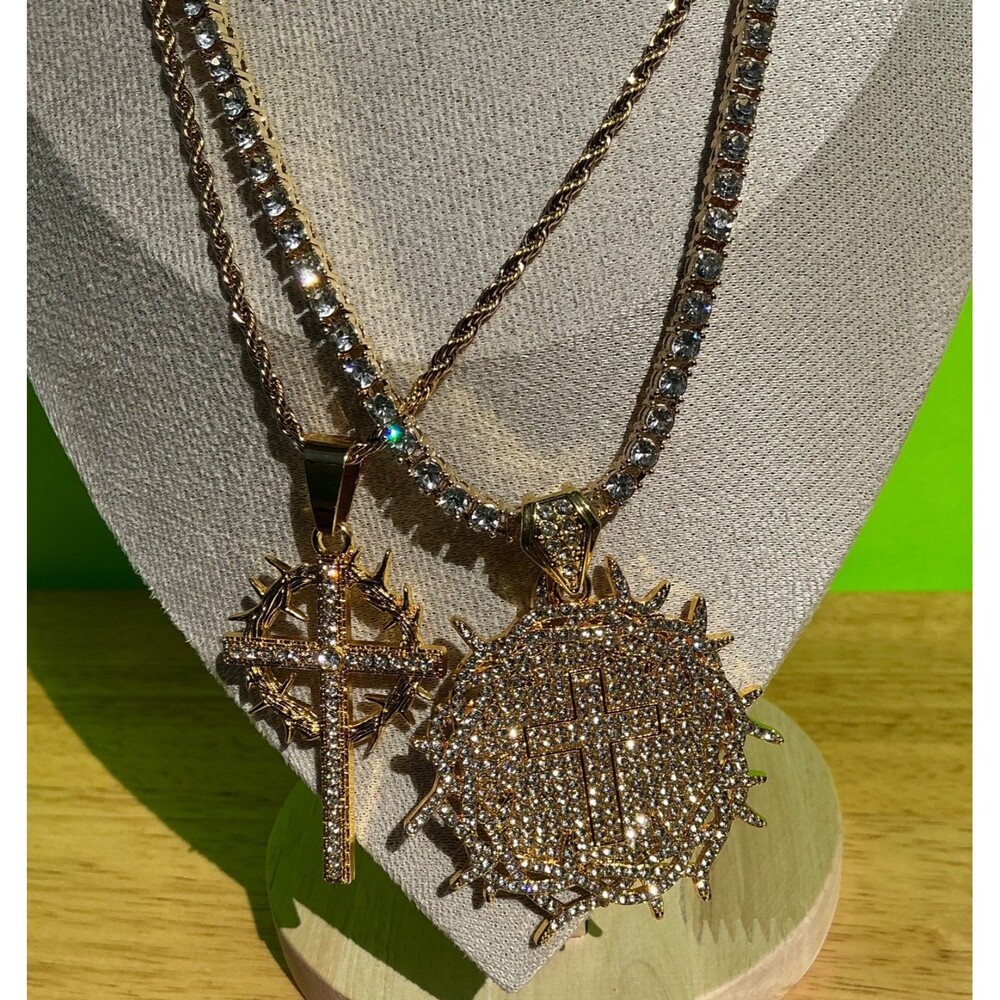 New 2 Necklace & 2 Cross Pendant Lot Hip Hop Iced Out CZ  Bling Christian Chain